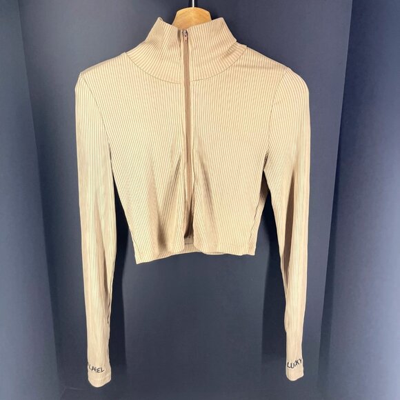 Beige Ribbed Zip-Up Long Sleeve Crop Top With "Lucky" Cuffs - M - Picture 2 of 7